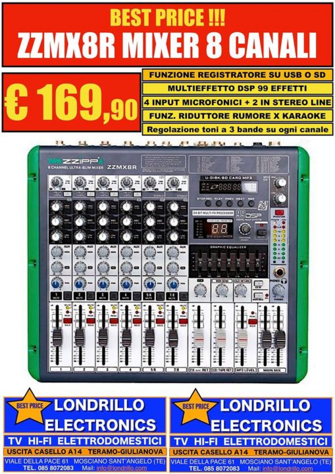 Mixer ZZMX8R con funzione diretta di registratore su usb, sd card ed mp3